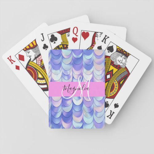 Glam Iridescent Blue Mermaid Scales Name Monogram Poker Cards