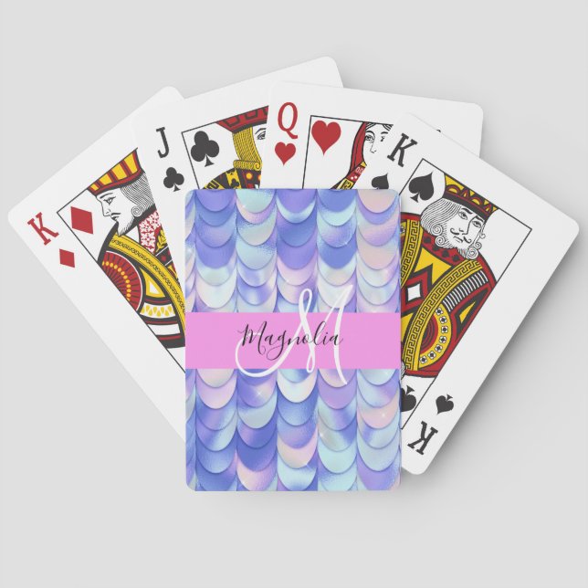 Glam Iridescent Blue Mermaid Scales Name Monogram Poker Cards (Back)