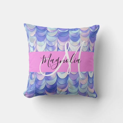 Glam Iridescent Blue Mermaid Scales Name Monogram Throw Pillow