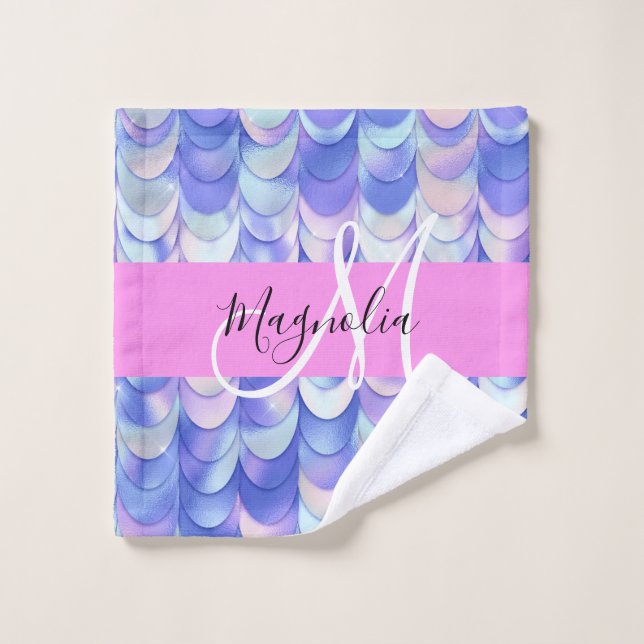 Glam Iridescent Blue Mermaid Scales Name Monogram Wash Cloth (Wash Cloth)