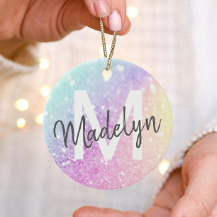 Glam Iridescent Glitter Personalized Colorful Ceramic Ornament