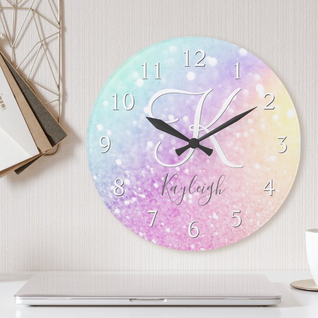 Glam Iridescent Glitter Personalized Colorful Round Clock (Creator Uploaded)