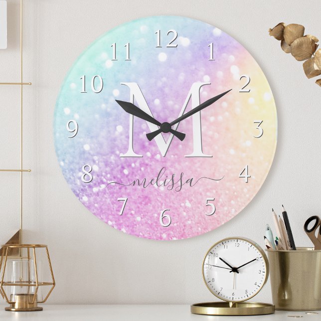Glam Iridescent Glitter Personalized Colorful Round Clock (Creator Uploaded)