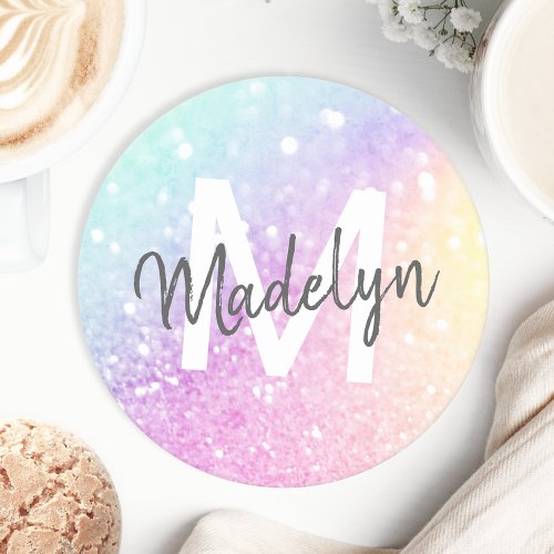 Glam Iridescent Glitter Personalized Colorful Round Paper Coaster