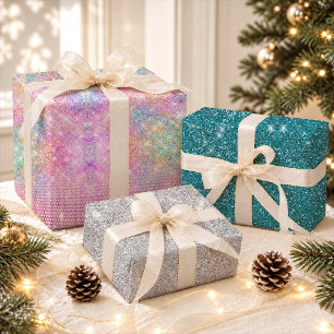 Glam Iridescent Pink Faux Rhinestone Unicorn Wrapping Paper Sheets