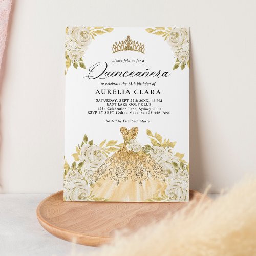 Glam Ivory Gold Dress Floral 15th Quinceaera Invitation