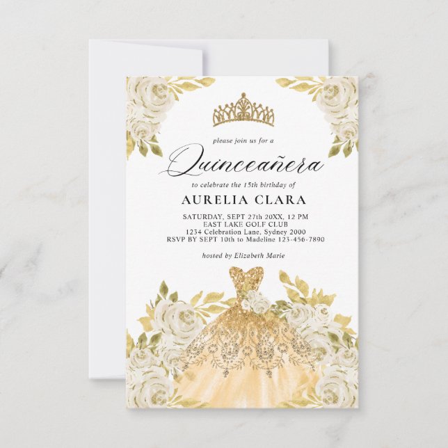 Glam Ivory Gold Dress Floral 15th Quinceañera Note Card (Front)
