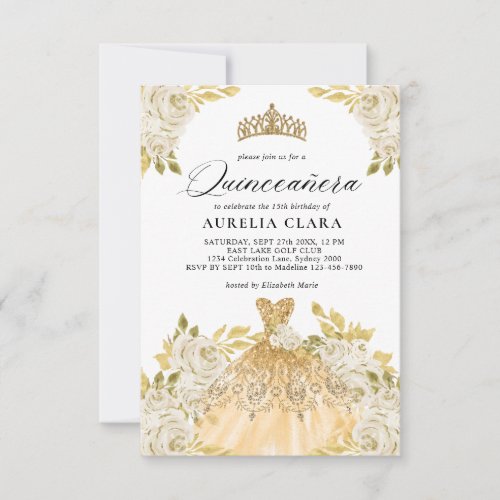 Glam Ivory Gold Dress Floral 15th Quinceaera Note Card
