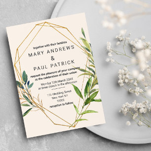 Glam Ivory Gold Glitter Foliage Terrarium Wedding Invitation