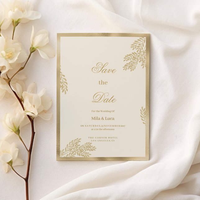 Glam ivory gold glitter leaf floral Save the Date  Invitation (Glam ivory gold glitter leaf floral Save the Date)
