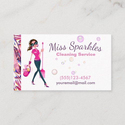 Glam Jewel Cartoon Maid House Cleaning Services Business Card