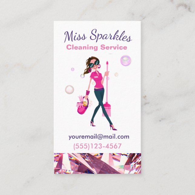 Glam Jewel Cartoon Maid House Cleaning Services Business Card (Front)
