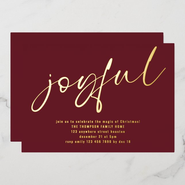 Glam Joyful Script Christmas Party Burgundy Real  Foil Invitation (Front/Back)
