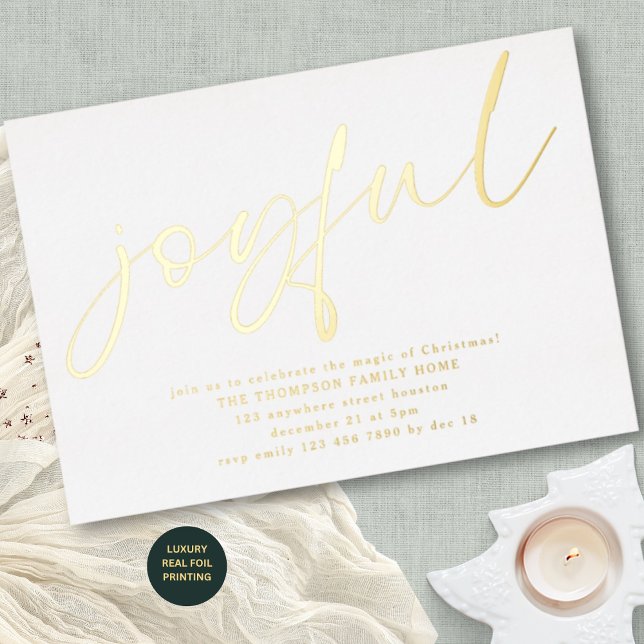Glam Joyful Script Christmas Party White Real  Foil Invitation (Luxury Real Foil Printing)