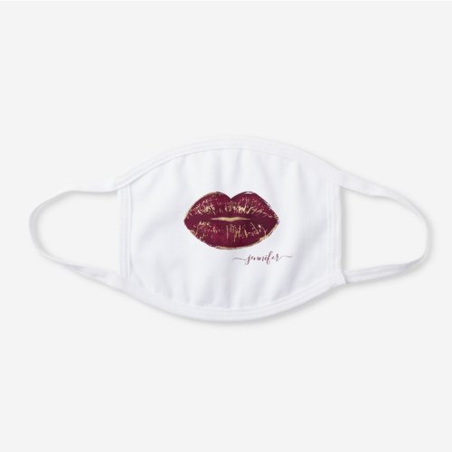 Glam Kiss Lips Red Gold Monogrammed Script White Cotton Face Mask