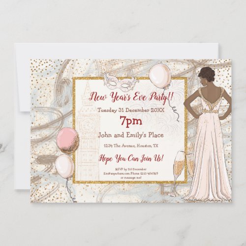 Glam Lady Gold Confetti Champagne New Year Party Invitation