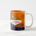 Glam Las Vegas Monogrammed Wedding Two-Tone Coffee Mug<br><div class="desc">Gorgeous Las Vegas sign tropical palm tree silhouettes glittering stars purple & orange background illustrated on custom Wedding Gift or Keepsake Mugs. Special custom mugs you can personalize for your Las Vegas themed engagement, wedding or anniversary. ((You can find the matching wedding essentials & favors in this store, Bridal Heaven....</div>