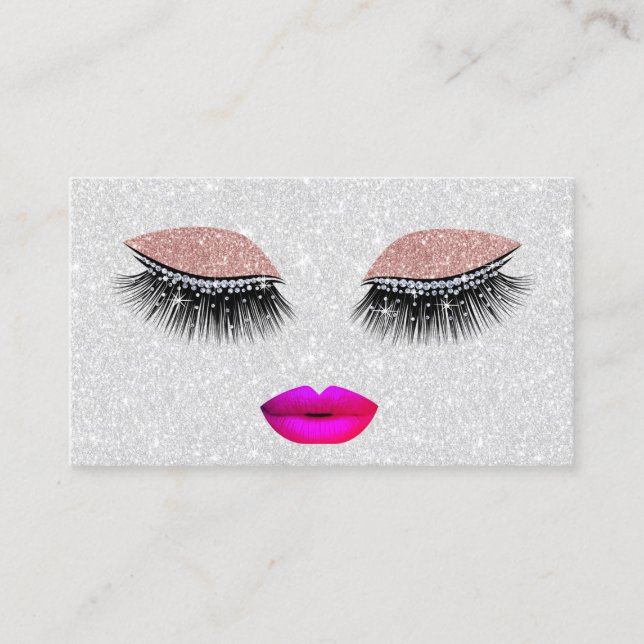 Glam Lashes Hot Pink Lips Makeup Artist Silver Business Card (Front)