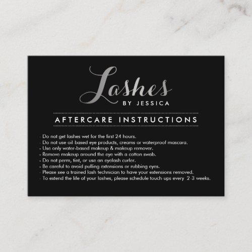 Glam Lashes Script SilverBlack Aftercare Card