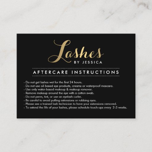 Customizable Glam Lashes Script Text Gold/Black Aftercare Card