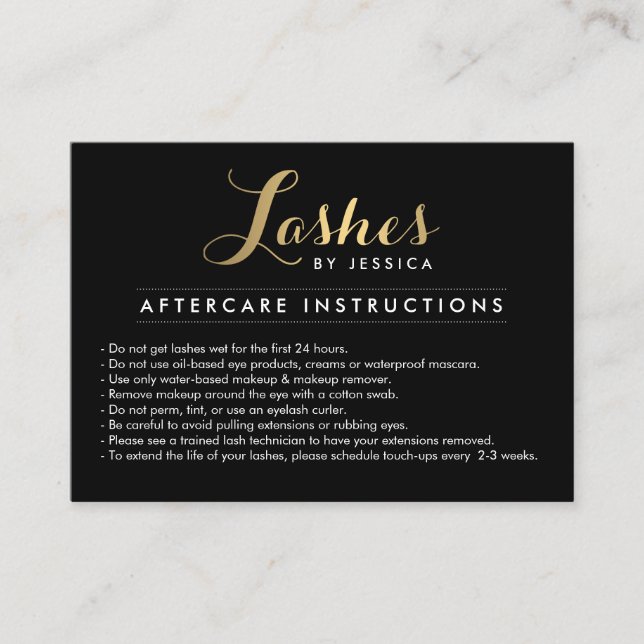 Glam Lashes Script Text Gold/Black Aftercare Card (Front)
