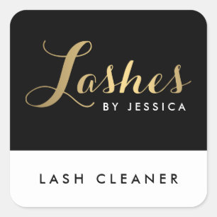 Glam Lashes Script Text Gold/Black Lash Cleaner Square Sticker