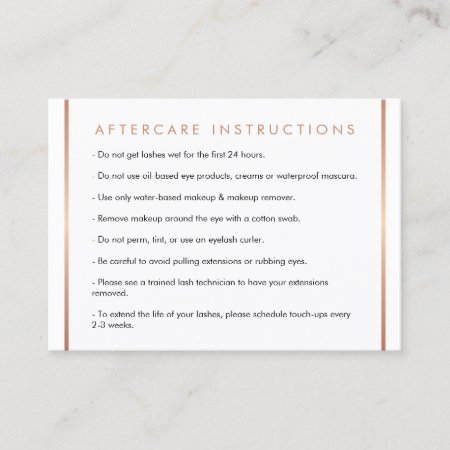 Glam Lashes Script Text Rose Gold Aftercare Card