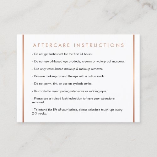 Glam Lashes Script Text Rose Gold Aftercare Card