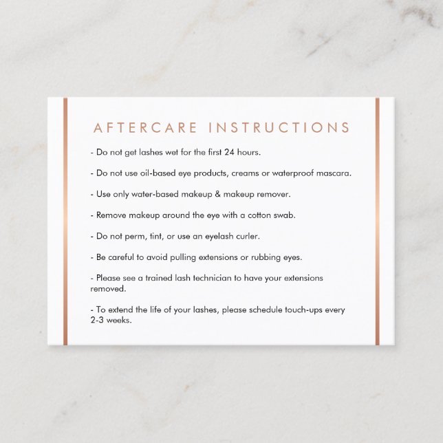Glam Lashes Script Text Rose Gold Aftercare Card (Front)