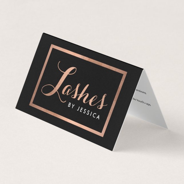Glam Lashes Script Text Rose Gold/Black Aftercare Business Card (Front)