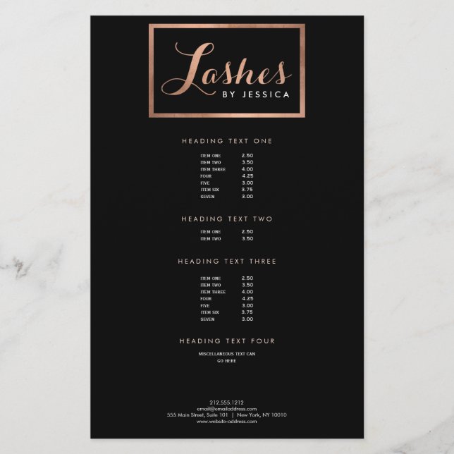 Glam Lashes Script Text Rose Gold/Black Flyer (Front)
