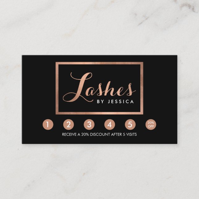 Glam Lashes Script Text Rose Gold/Black Loyalty Card (Front)