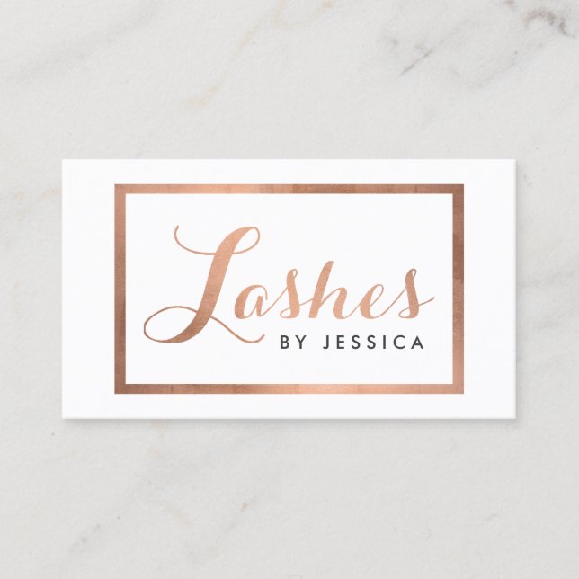 Glam Lashes Script Text Rose Gold Framed Business Card (Front)