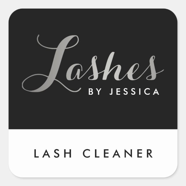 Glam Lashes Script Text Silver/Black Lash Cleaner Square Sticker (Front)