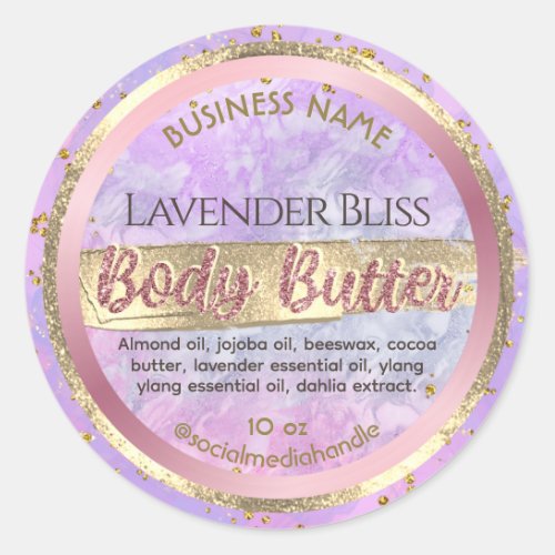 Glam Lavender Purple Marble Rose Gold Body Butter Classic Round Sticker