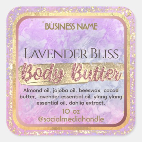 Glam Lavender Purple Marble Rose Gold Body Butter Square Sticker