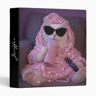 Glam Lazy Cat in Sunglasses with Sparkly Drink 3 Ring Binder