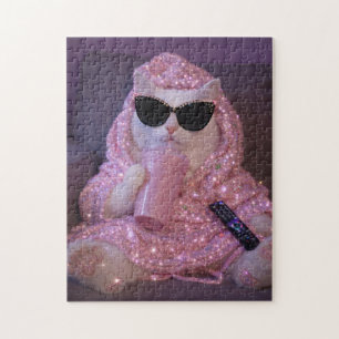 Glam Lazy Cat in Sunglasses with Sparkly Drink Jigsaw Puzzle