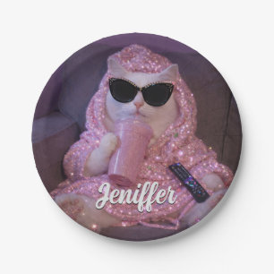    Glam Lazy Cat in Sunglasses with Sparkly Drink  Paper Plates