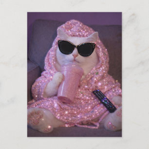 Glam Lazy Cat in Sunglasses with Sparkly Drink Postcard