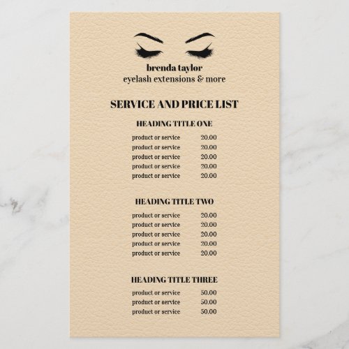 Glam LEATHER BEIGE EYELASH SALON SERVICE LIST Flyer