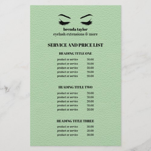 Glam LEATHER GREEN EYELASH SALON SERVICE LIST Flyer