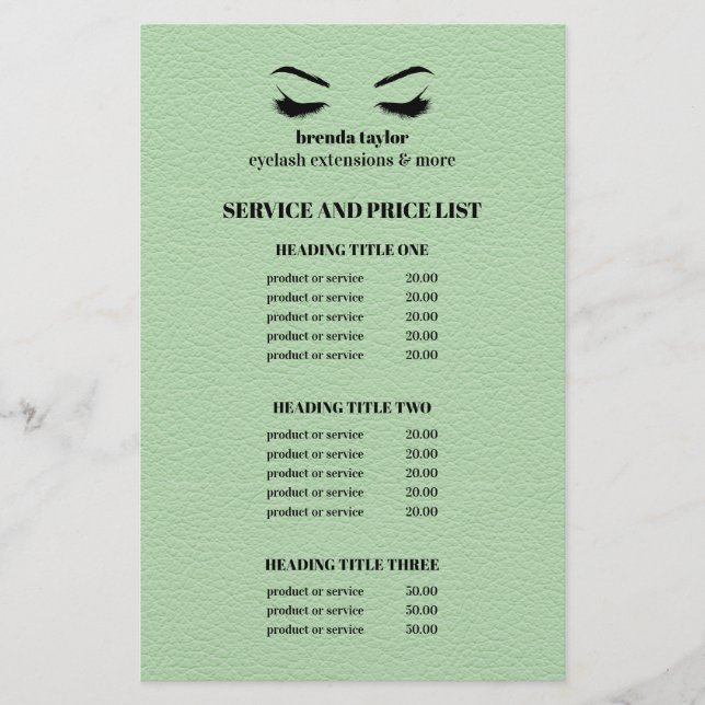 Glam LEATHER GREEN EYELASH SALON SERVICE LIST Flyer (Front)