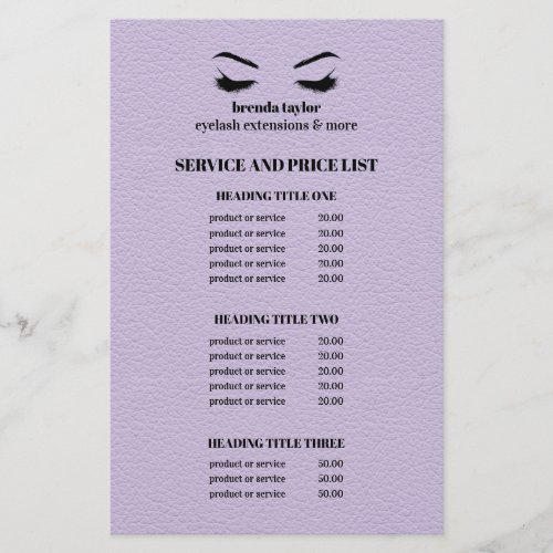 Glam LEATHER lilac  EYELASH SALON SERVICE LIST Flyer