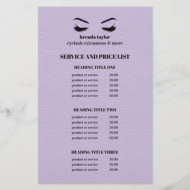 Glam LEATHER lilac  EYELASH SALON SERVICE LIST Flyer (Front)