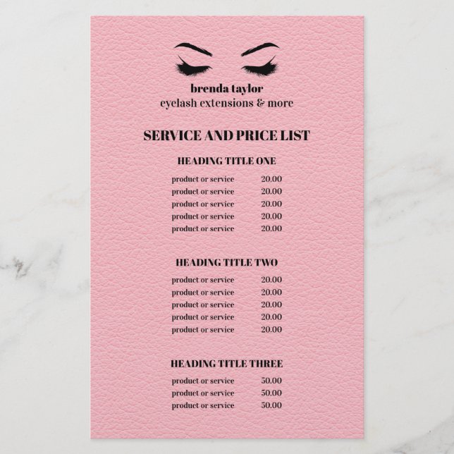 Glam LEATHER pink  EYELASH SALON SERVICE LIST Flyer (Front)