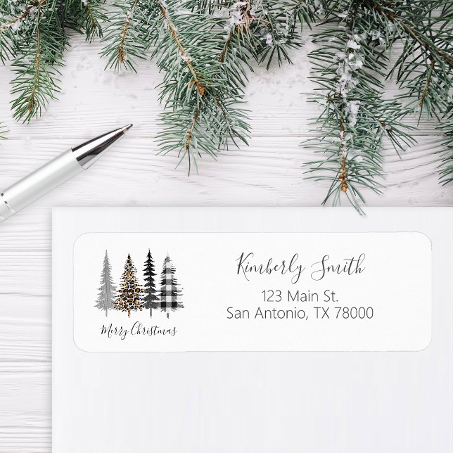 Glam Leopard and Plaid Christmas Address Label (Modern Farmhouse Return Address Sticker)