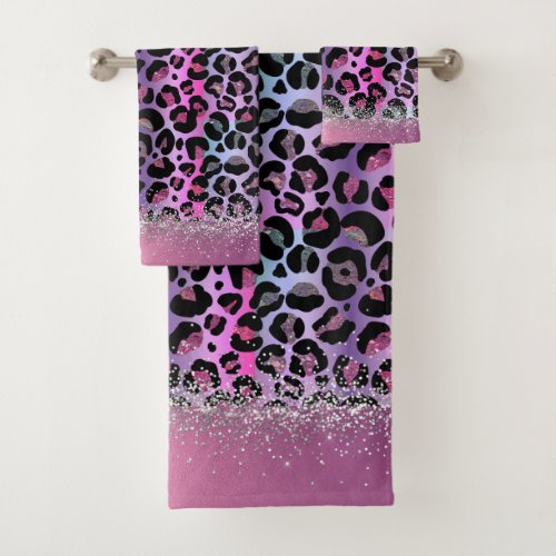 Glam Leopard Pink and Purple Glitter  Bath Towel Set