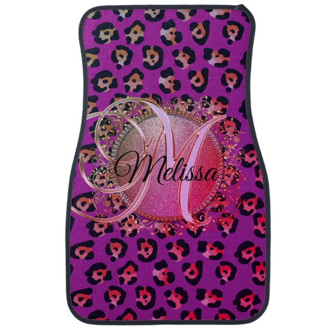 Glam Leopard Pink and Purple Monogram Car Floor Mat (Front)