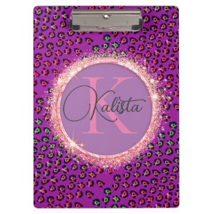 Glam Leopard Pink and Purple Monogram Clipboard